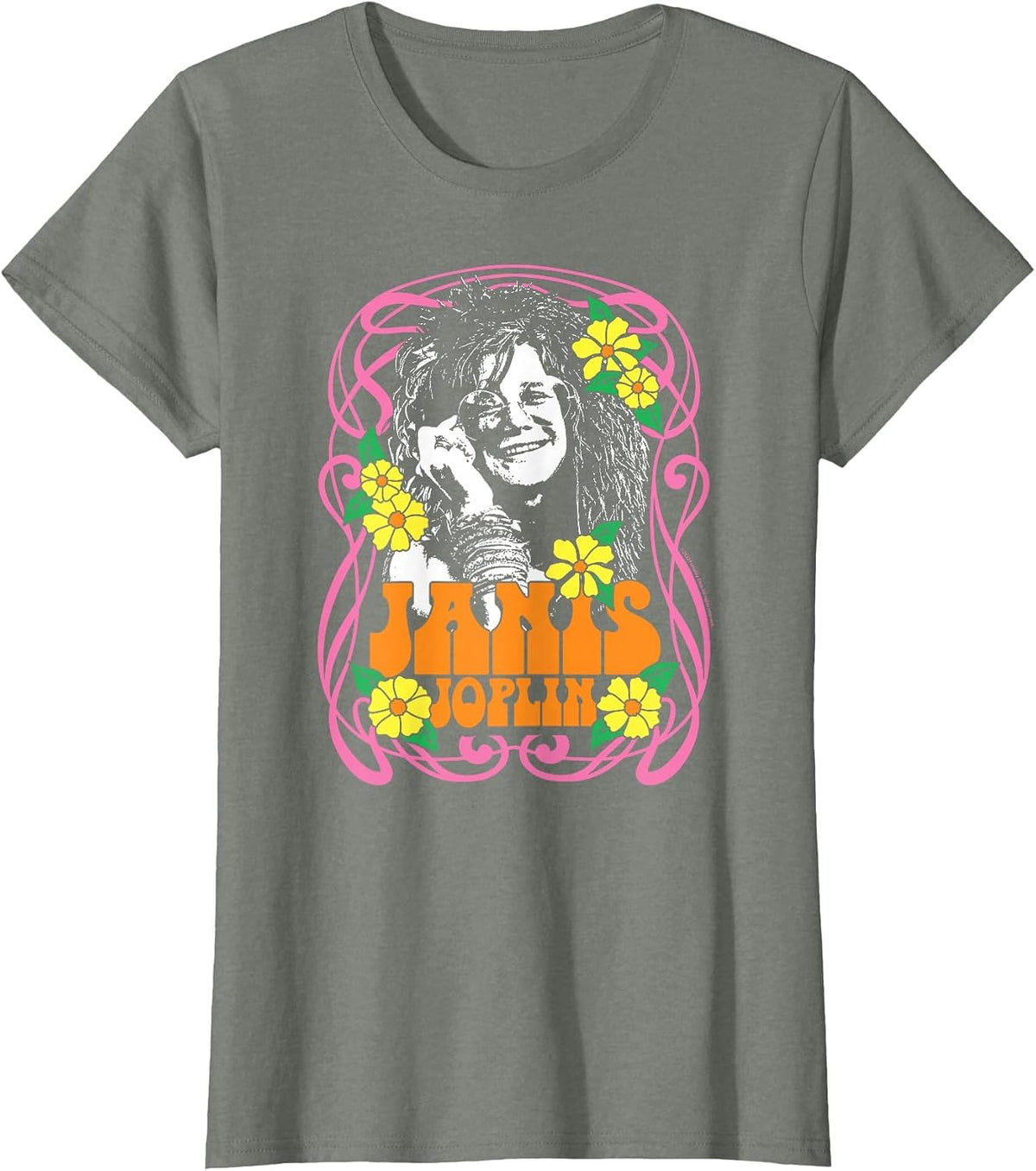 Janis Joplin - Flowers T-Shirt - Olive Heather