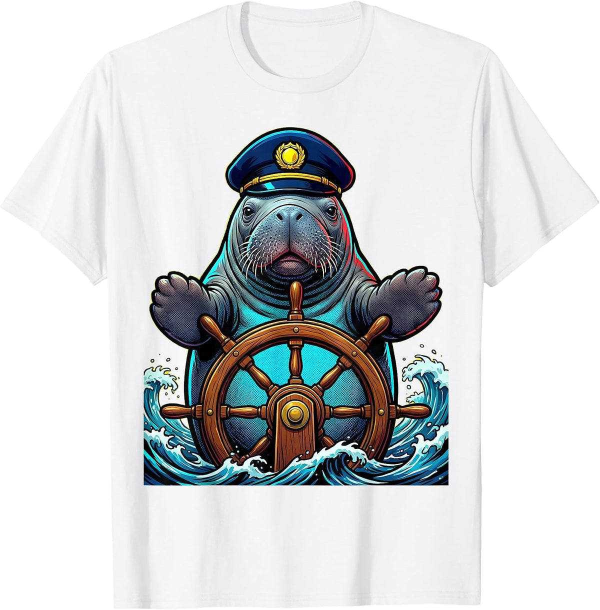 Men's Manatee Captain Steering Ship Nautical Design T-Shirt - White