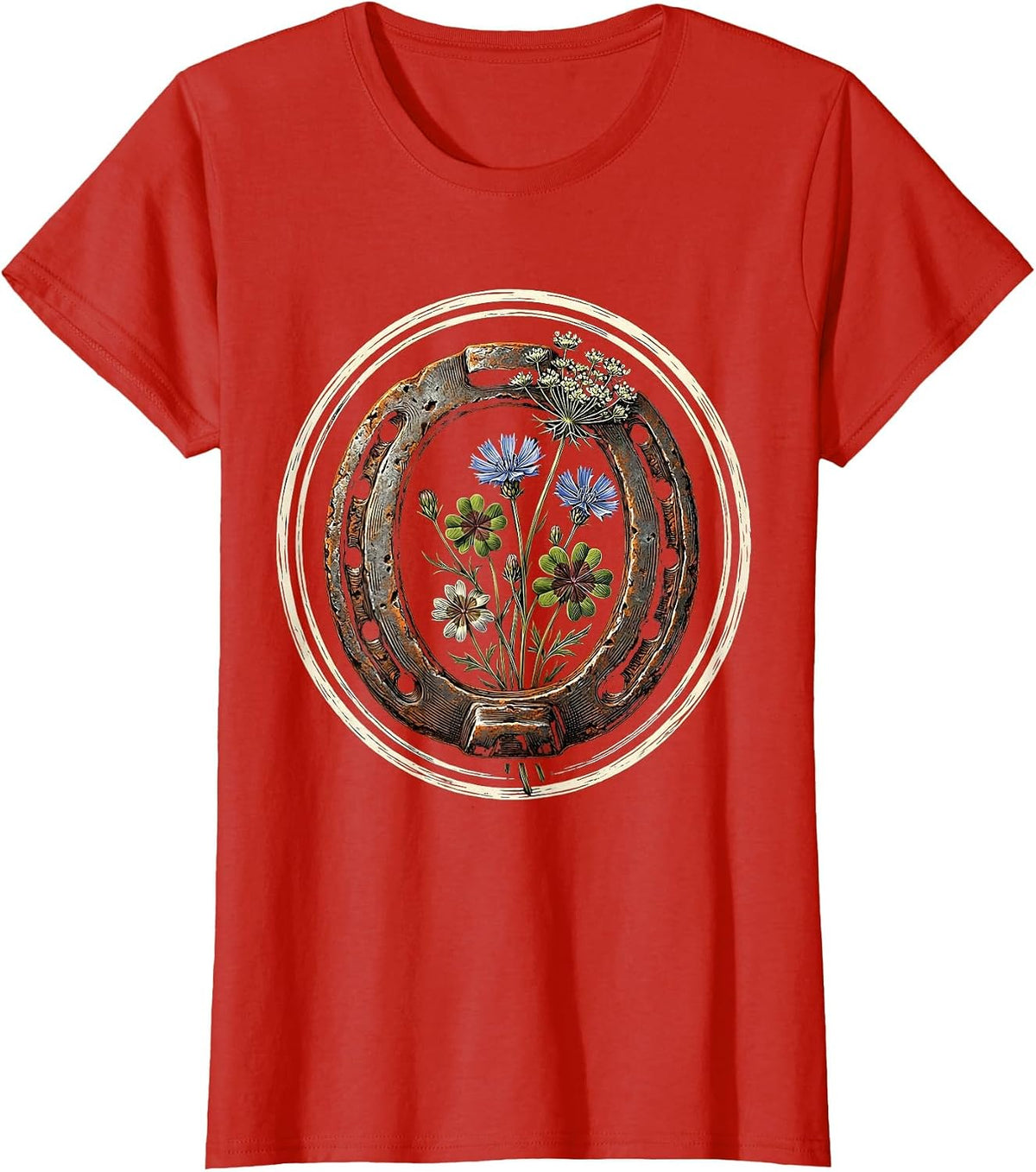 Horseshoe and Wildflowers Close-Up Graphic T-Shirt - Red