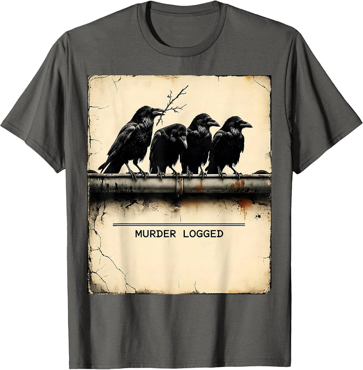 Murder Logged Distressed Crow Gothic Bird Lover Dark Humor T-Shirt - Asphalt Grey