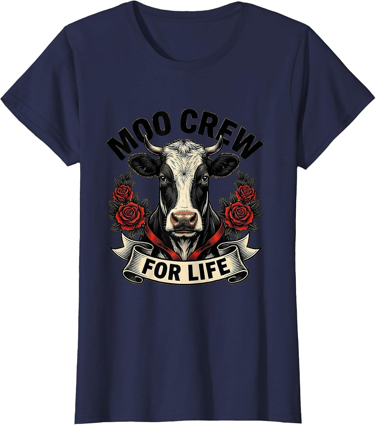 Women's Moo Crew For Life Funny Cow Lover Design T-Shirt - Navy Blue