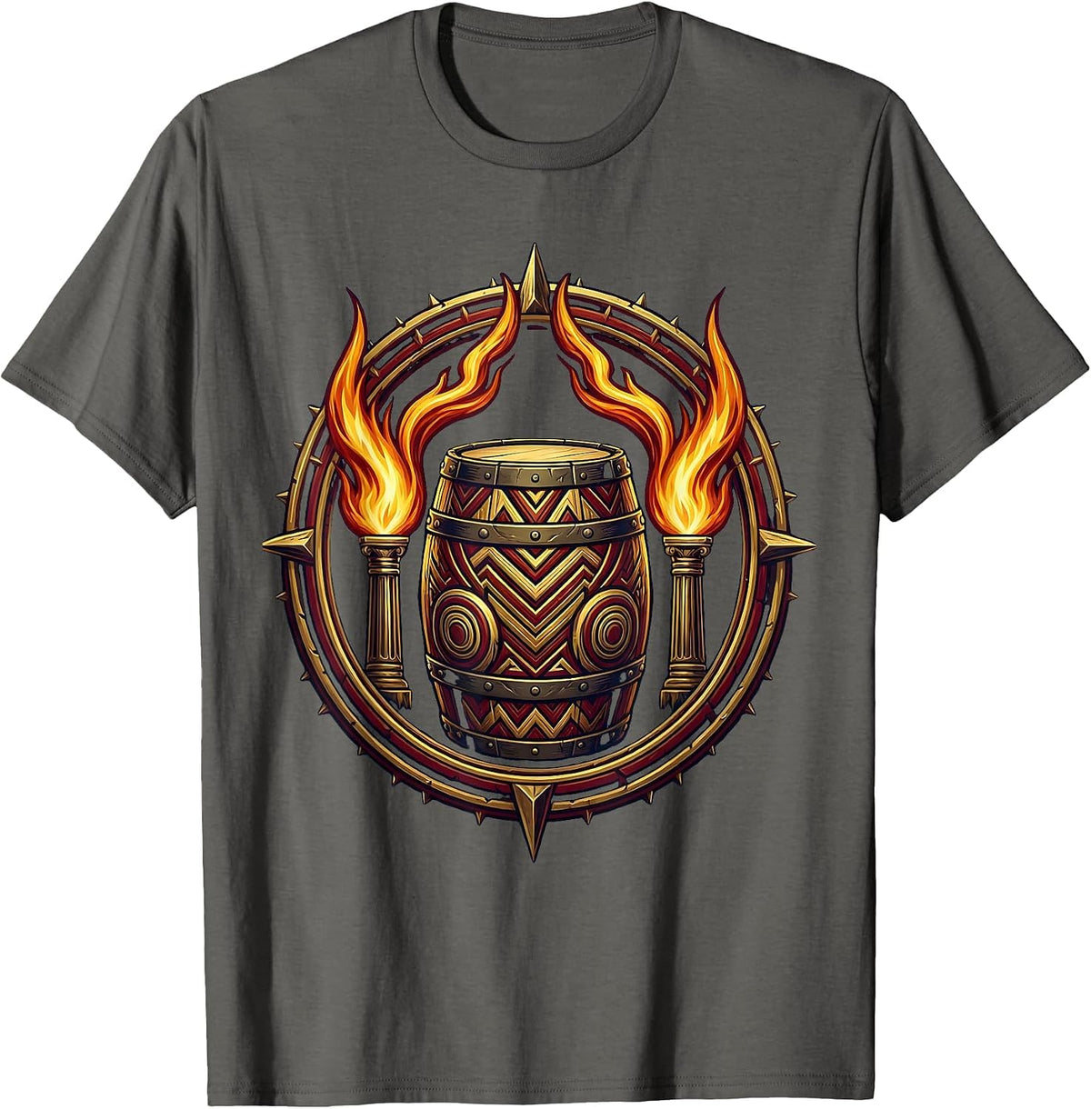 Tribal Drum Rising Flames Graphic Design T-Shirt - Asphalt Grey