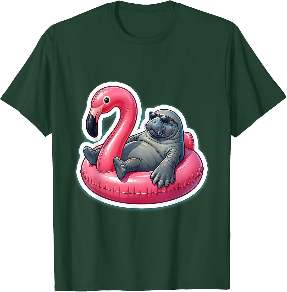 Manatee on Flamingo Float Funny Lounging Design T-Shirt - Dark Green