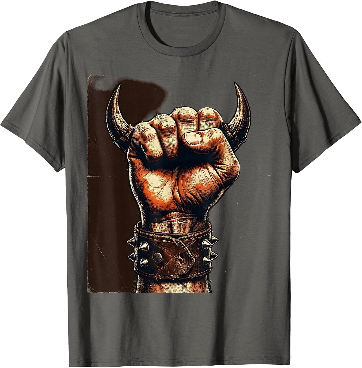 80s Rock Devil Horns Fist Raised Graphic T-Shirt - Asphalt Grey