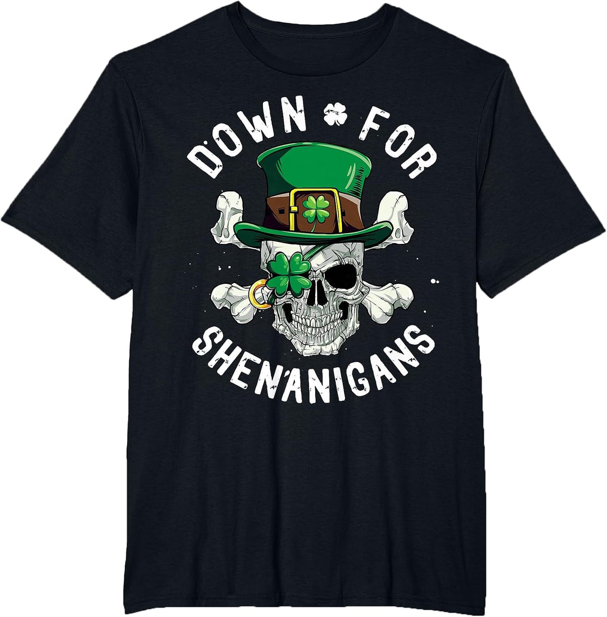 Pirate Skull St Patricks Day Leprechaun Down for Shenanigans T-Shirt - Black