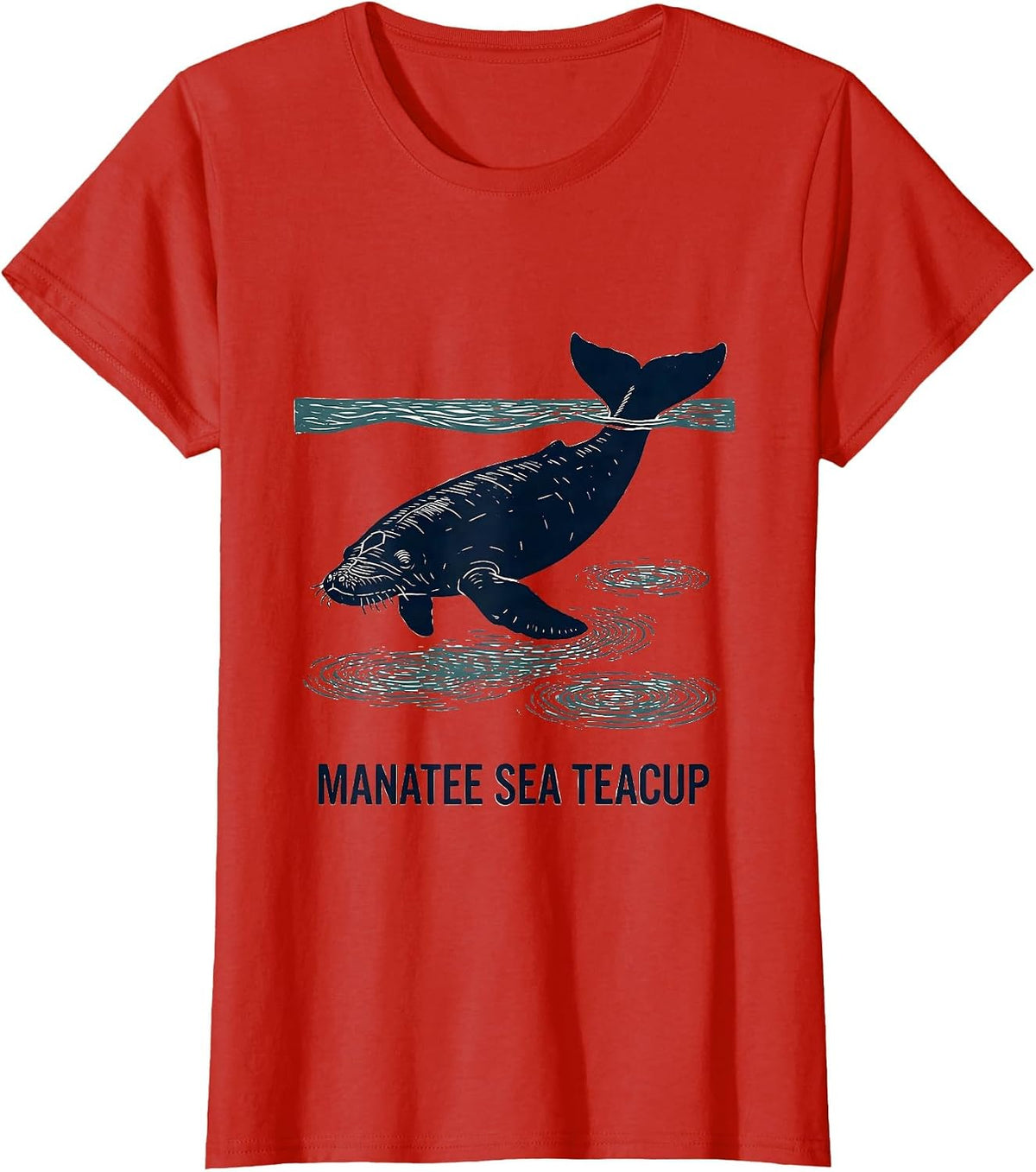 Manatee Sea Teacup Linocut Funny Sea Animal Lover T-Shirt - Red