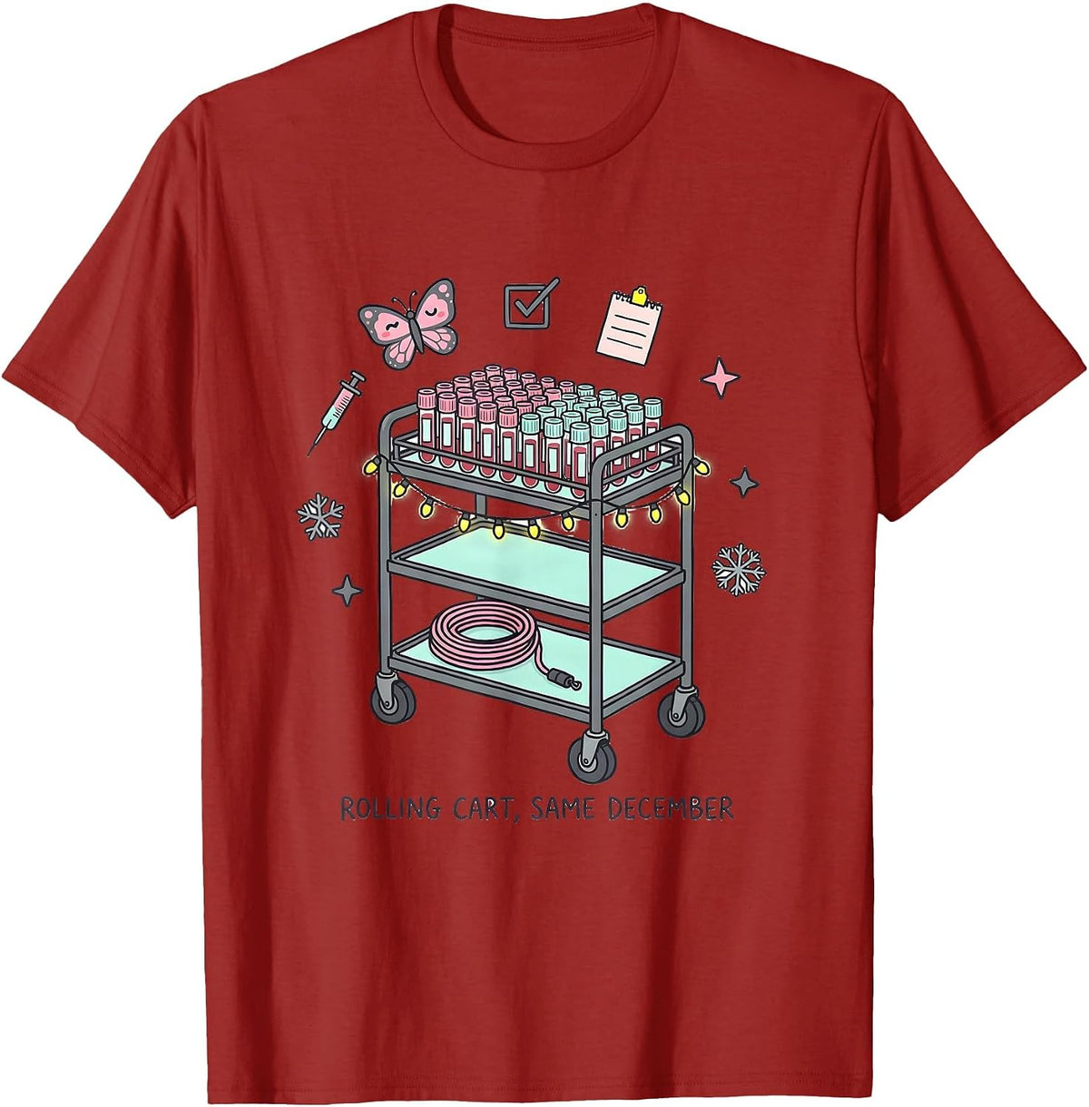 Rolling Cart Same December Kawaii Phlebotomist Holiday Humor T-Shirt, Men, Cranberry Red, Medium - As Pictured