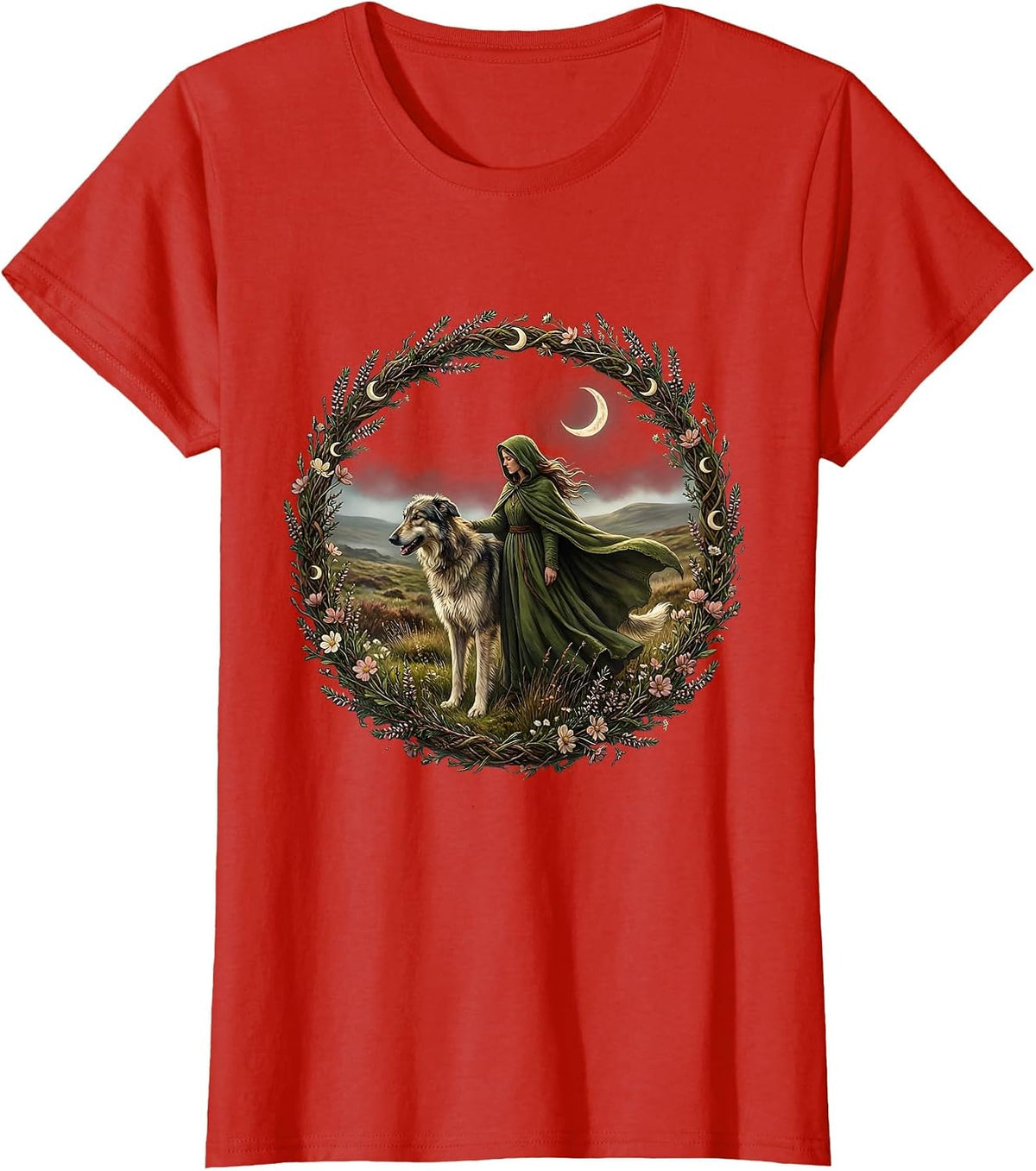Irish Wolfhound and Moorland Companion Design T-Shirt - Red