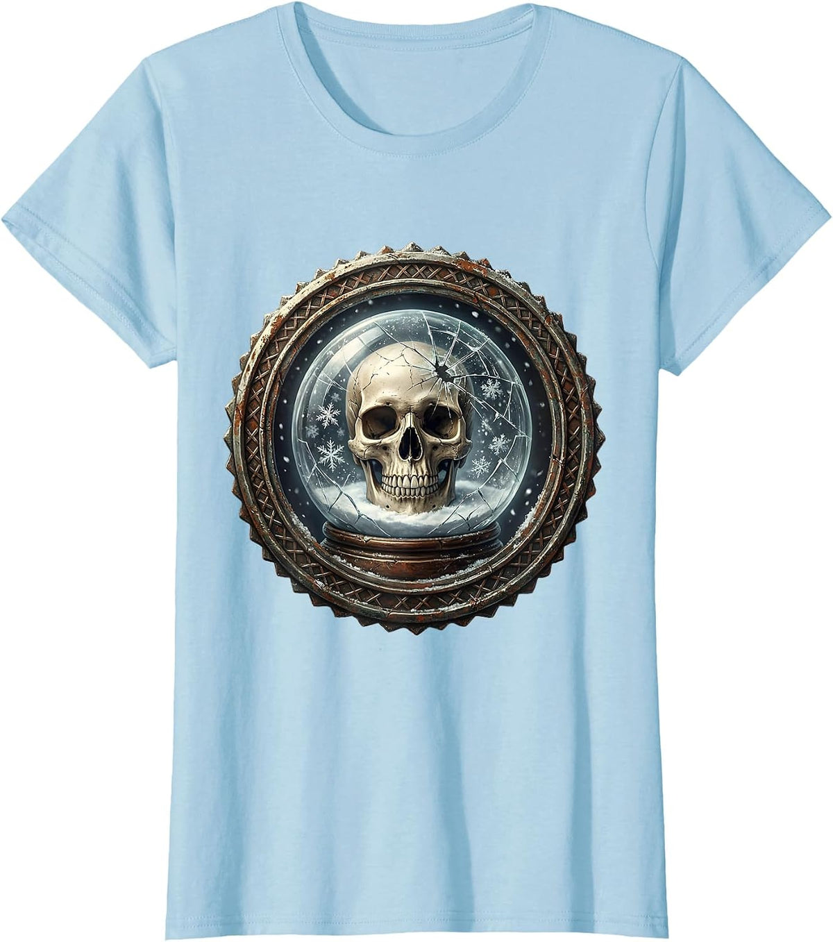 Grunge Skull Cracked Snow Globe Graphic T-Shirt - Baby Blue