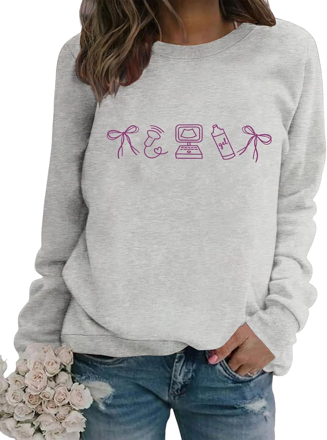 Women's Sonographer Ultrasound Tech Sweatshirt Cute Bow Graphic Pullover Crew Neck Loose Long Sleeve Soft Tops - Grey