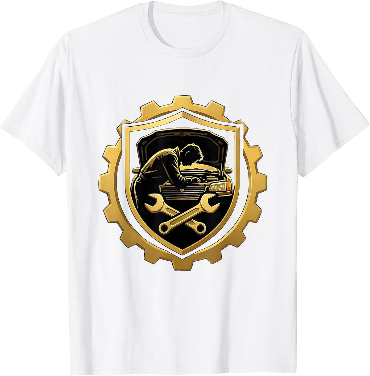 Men's Mechanic Peering Under Hood Illustration T-Shirt - White