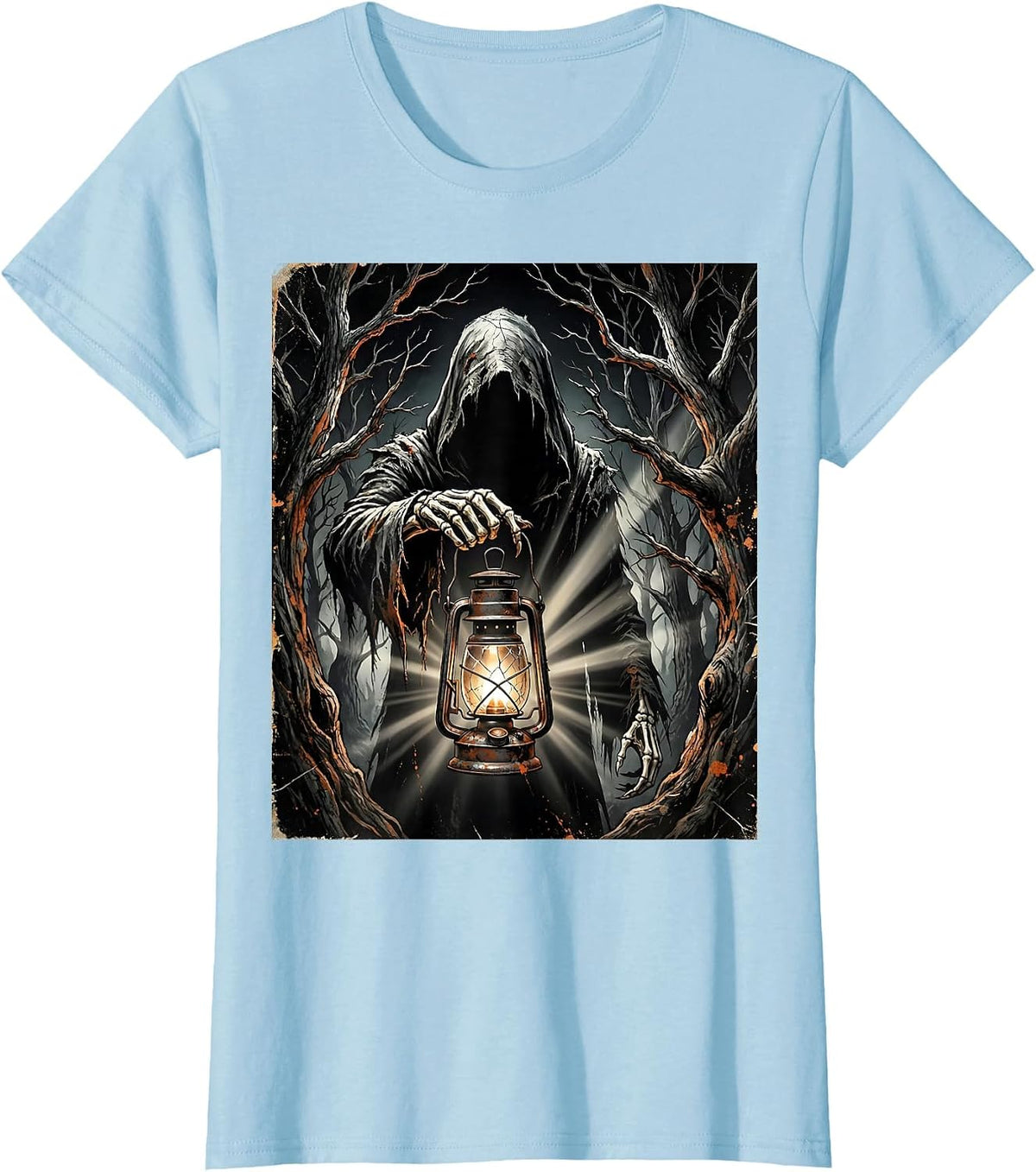 Dark Forest Lantern Cloaked Figure Heavy Metal T-Shirt - Baby Blue