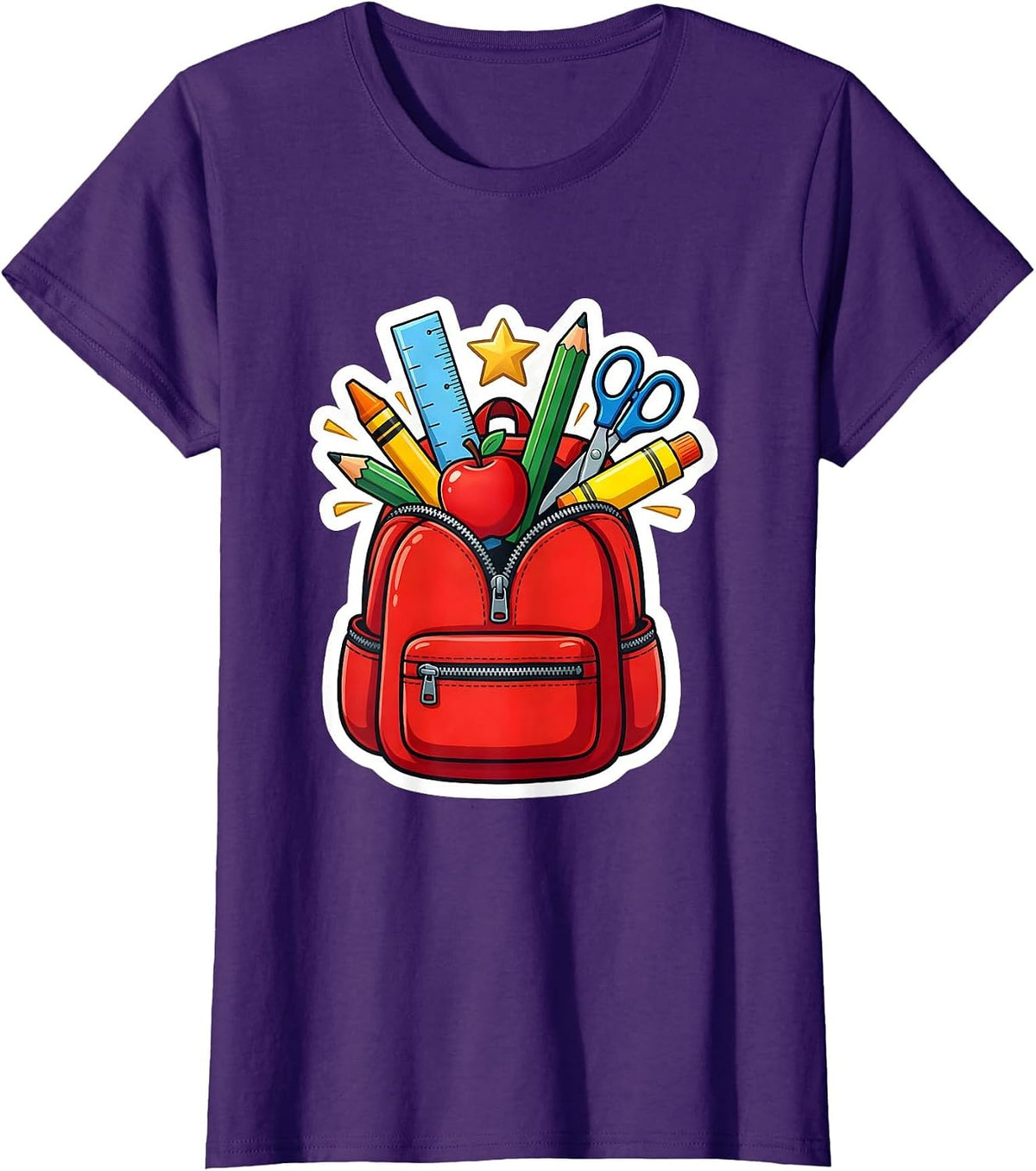 Women's First Grade Teacher Overstuffed Backpack Graphic T-Shirt - Purple
