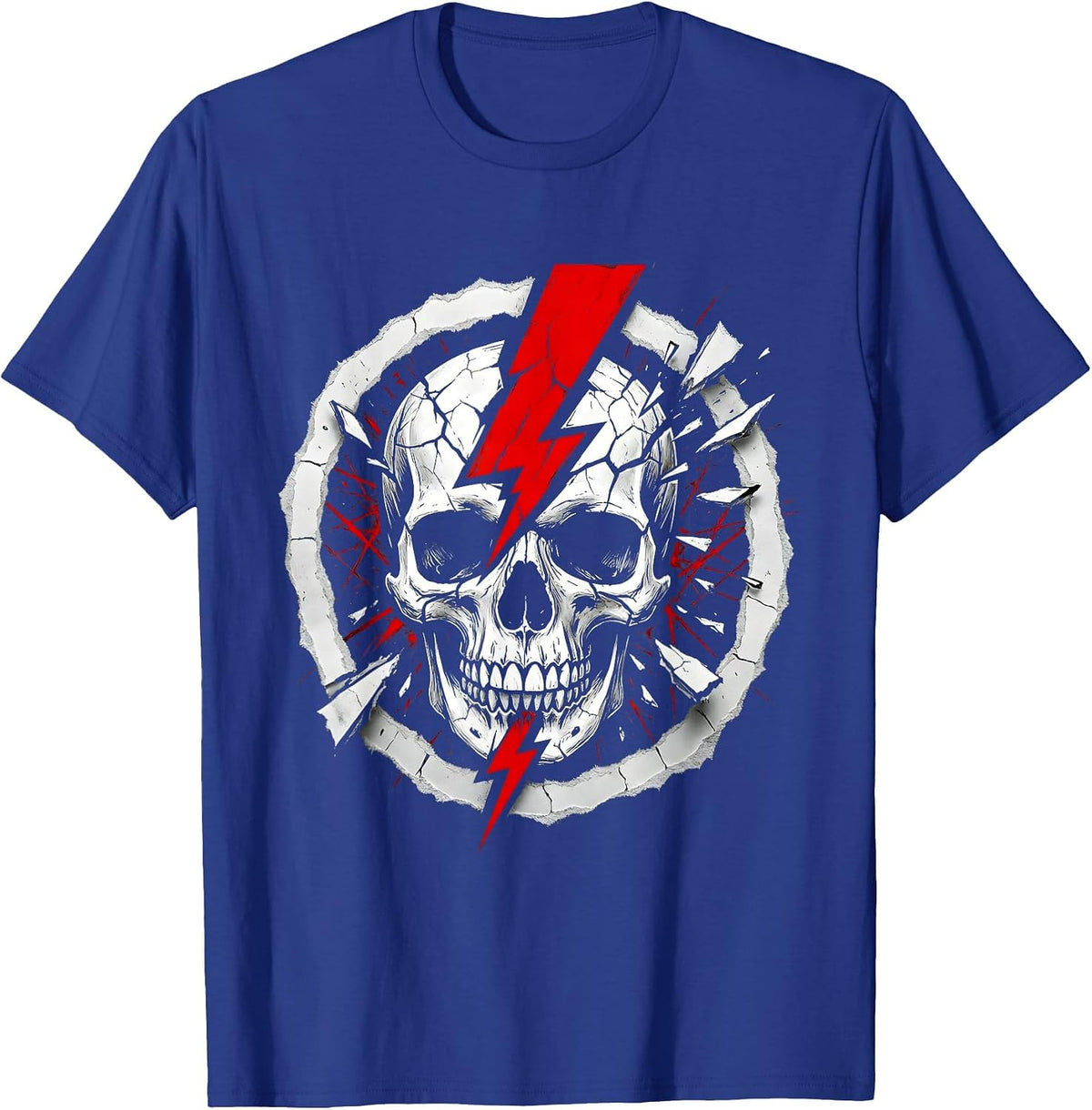 Skull Lightning Bolt Metal Band Graphic Tee T-Shirt - Royal Blue
