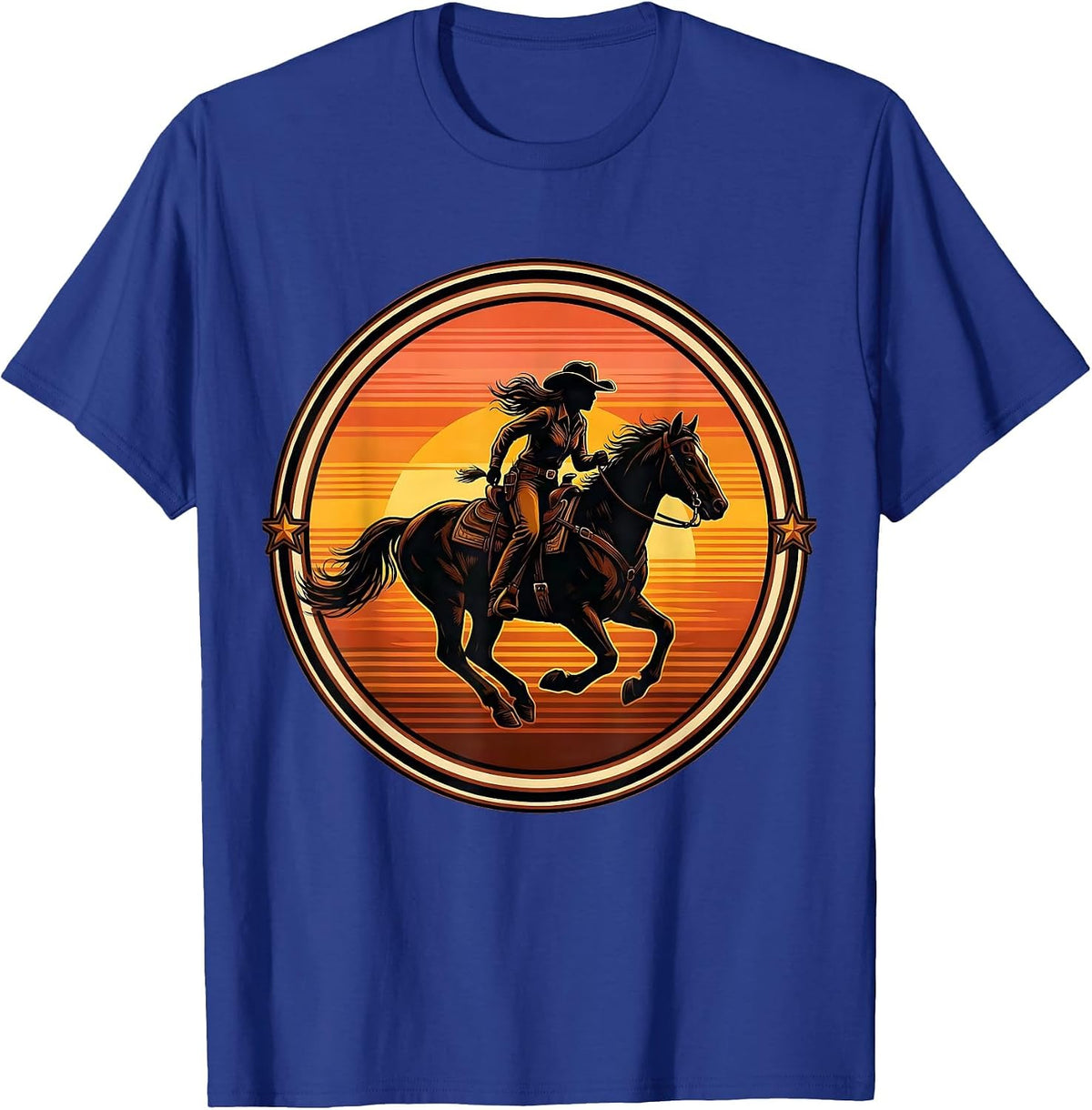 Men's Cowgirl Riding Horse at Full Gallop Graphic T-Shirt - Royal Blue