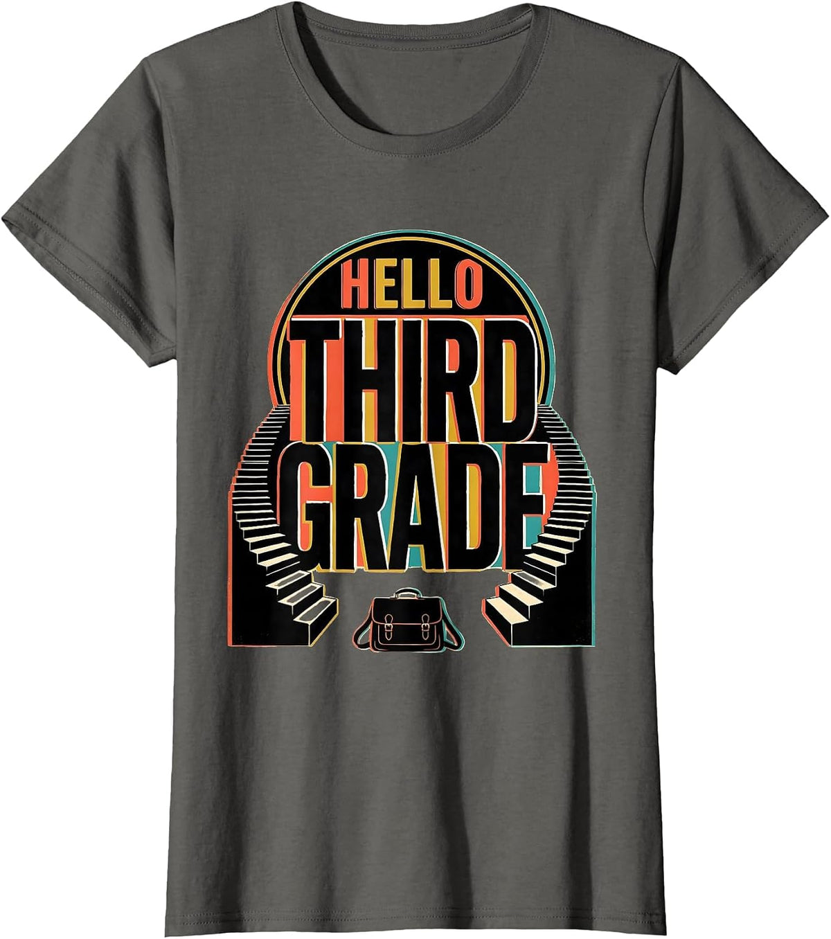 Women's Hello Third Grade Playful Whimsical Kids Teacher Back T-Shirt - Asphalt Grey