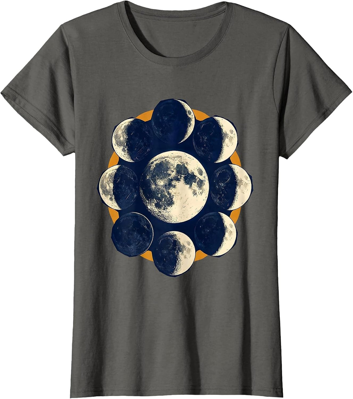 Women's Lunar Phase Cycle Astronomy Linocut Science Lover T-Shirt - Asphalt Grey