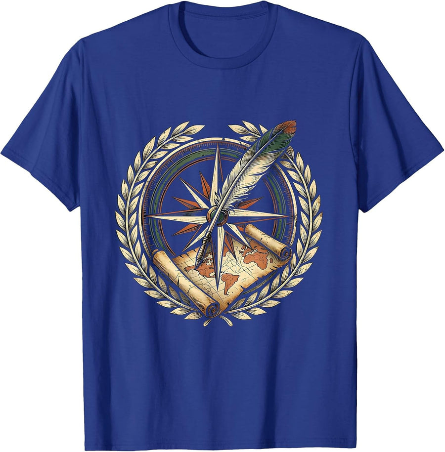 Vintage Teacher Badge History Compass Rose Map Scroll T-Shirt - Royal Blue