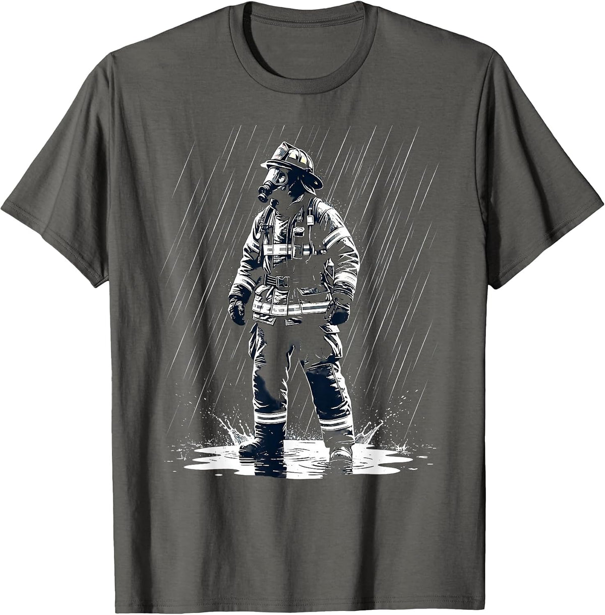 Men's Firefighter in Full Gear Standing in Heavy Rain T-Shirt - Asphalt Grey