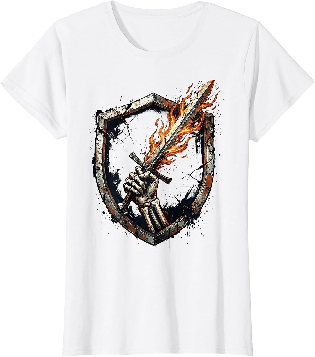 Skeleton Hand Flaming Sword Dark Fantasy Graphic T-Shirt - White