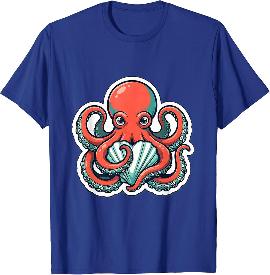 Octopus Heart Shell Embrace Cute Sea Creature Lover T-Shirt - Royal Blue