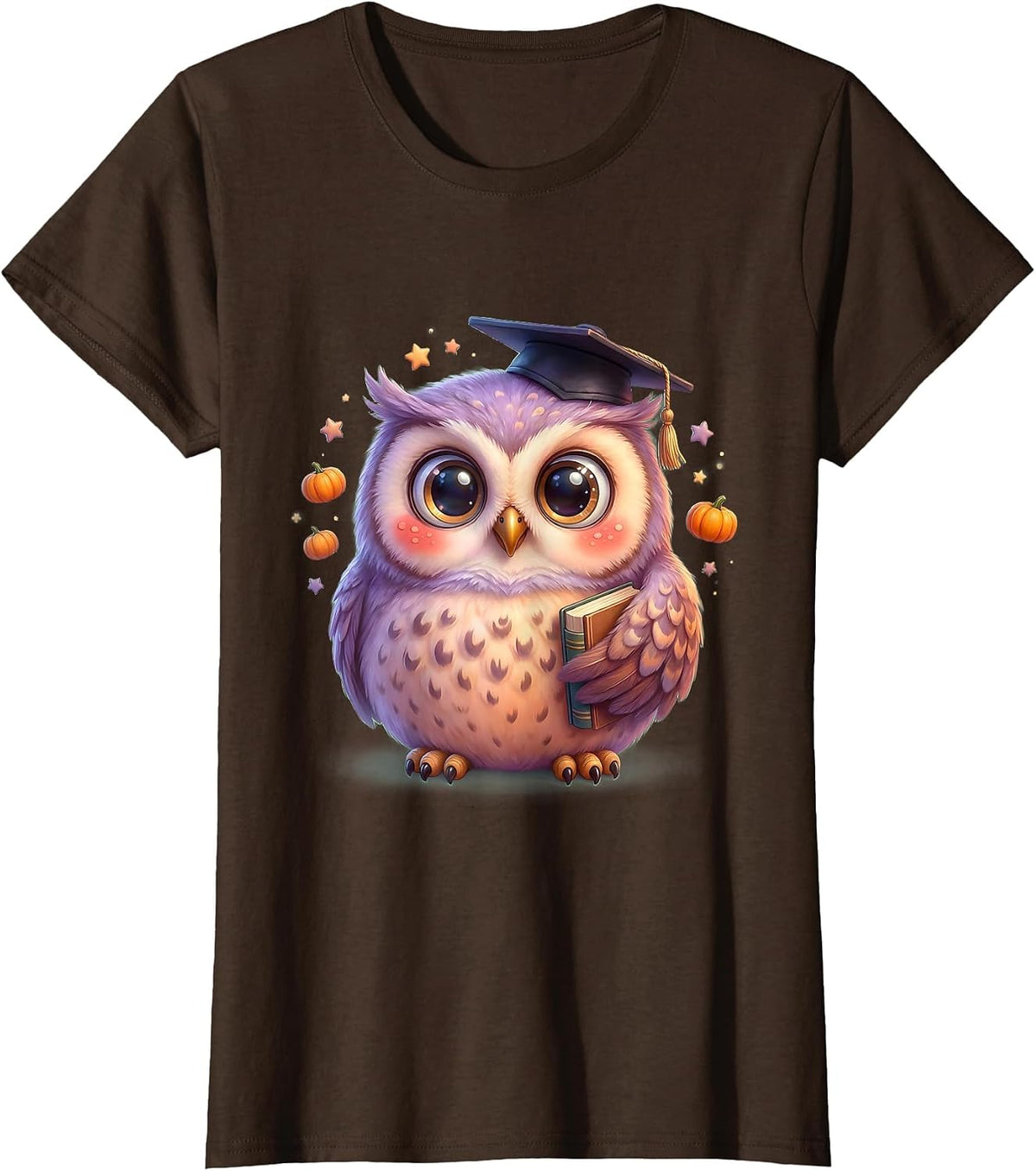 Women's Halloween Owl Professor Mortarboard Hat Design T-Shirt - Brown