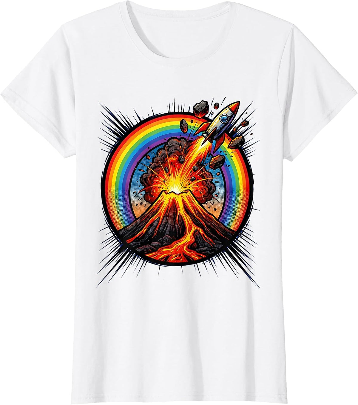 Volcano Eruption Rainbow Nature Graphic T-Shirt - White
