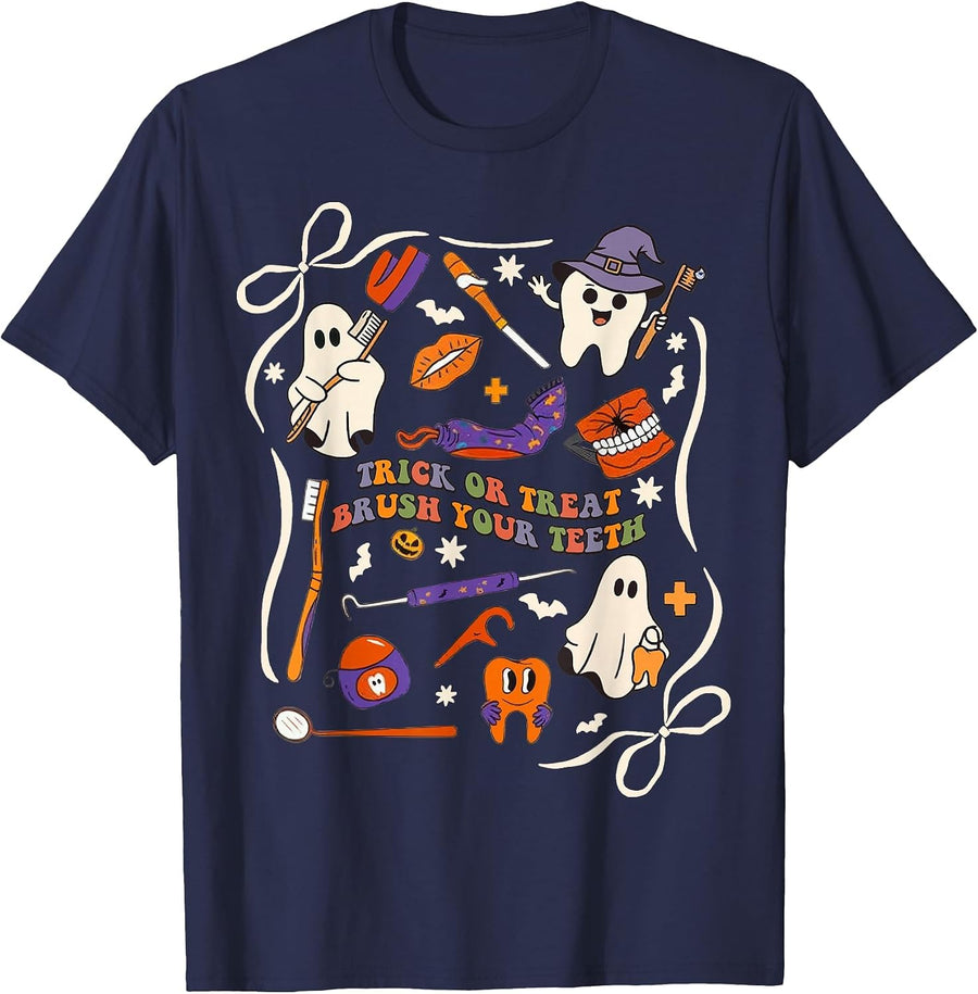 Trick Or Treat Brush Your Teeth Dentist Dental Halloween T-Shirt - Navy Blue