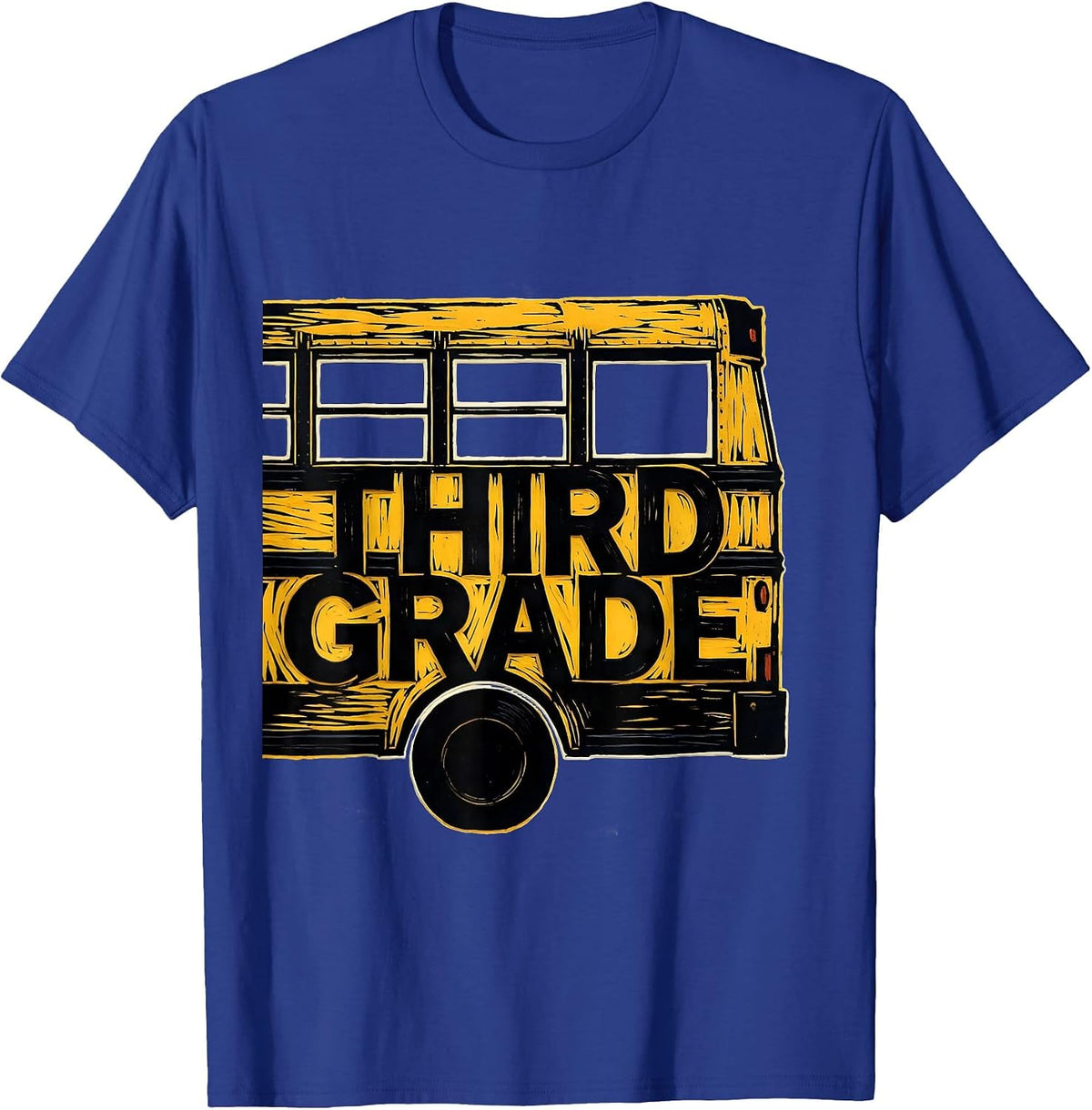 Third Grade Linocut School Bus Teacher Student First Day T-Shirt - Royal Blue