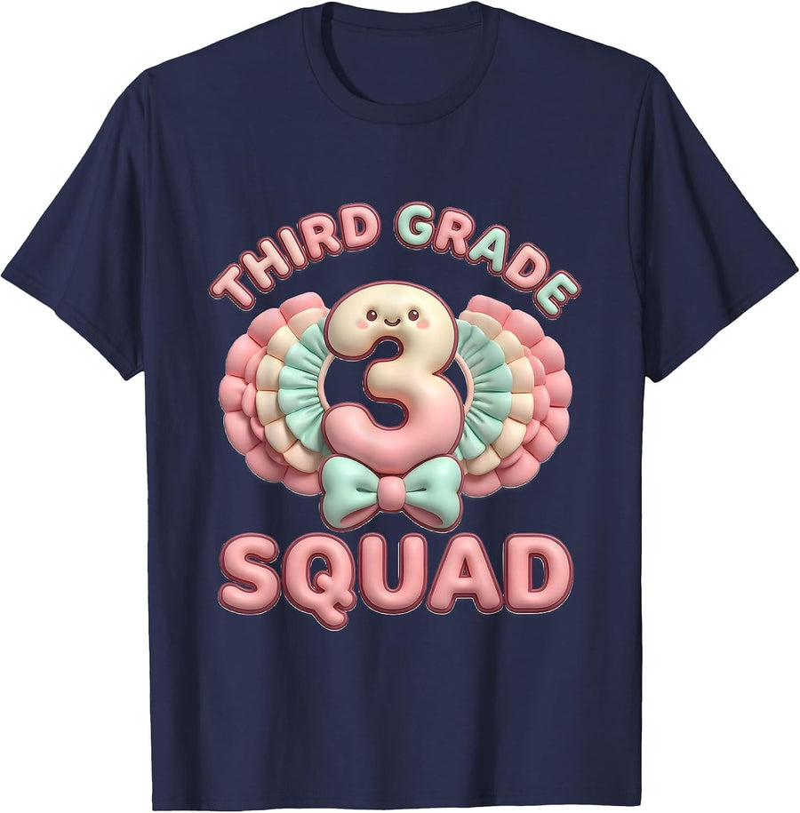 Third Grade Squad Cute Kawaii Back To School Girls Pennant T-Shirt - Navy Blue
