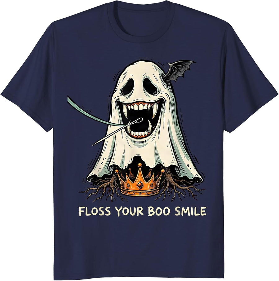 Floss Your Boo Smile Funny Dentist Halloween Ghost Dental T-Shirt - Navy Blue