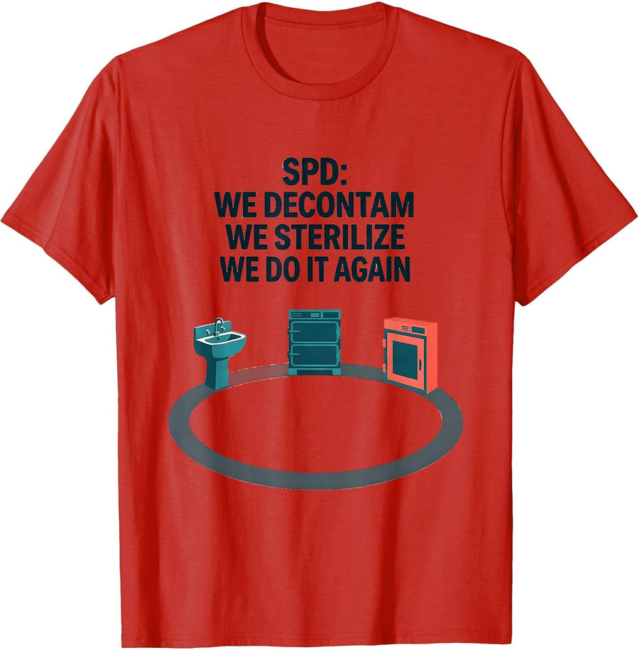 Men's SPD: We Decontam, We Sterilize, We Do It Again Funny T-Shirt - Red