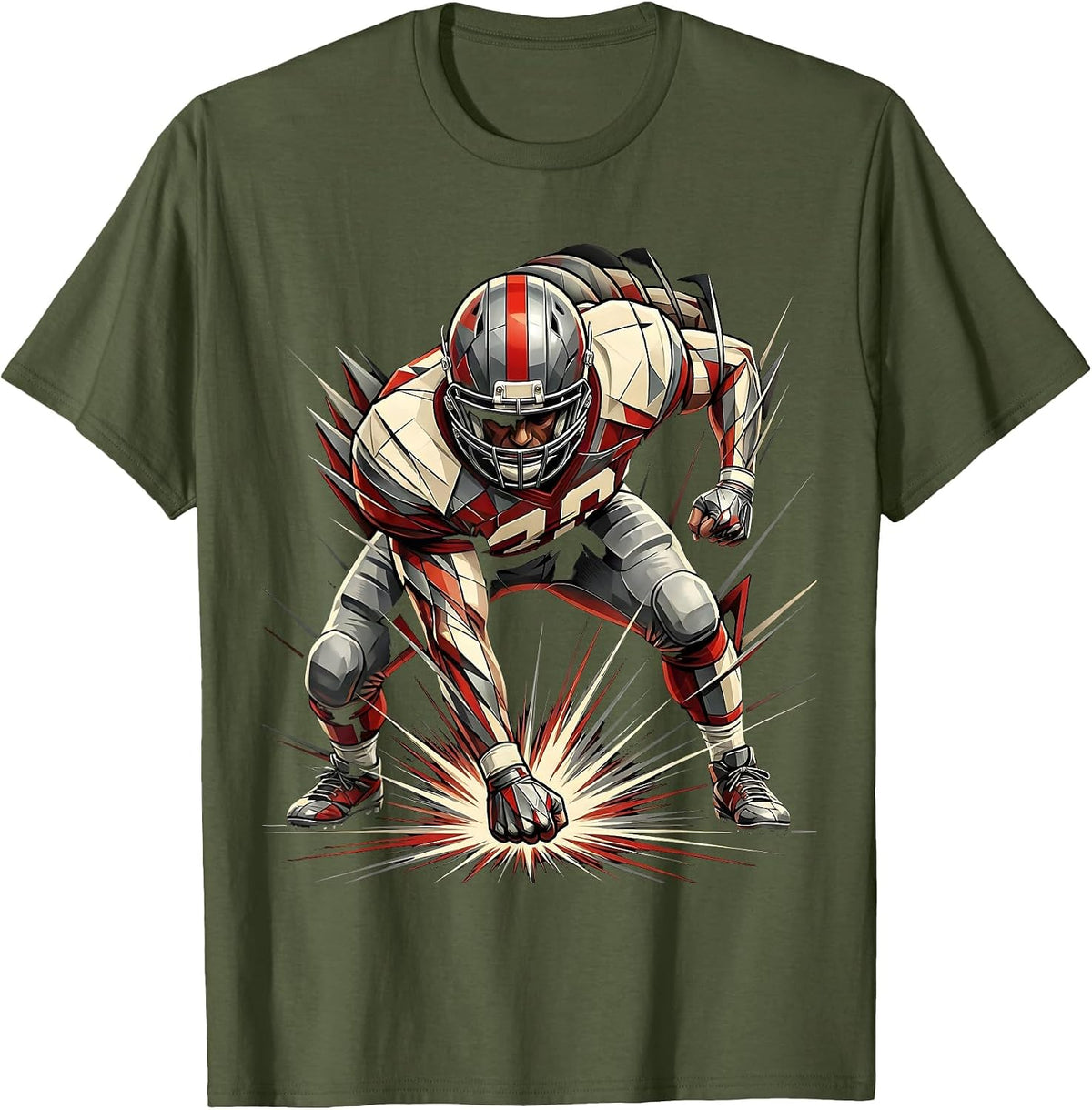 Defensive Lineman Three-Point Stance Football Graphic T-Shirt - Olive Green