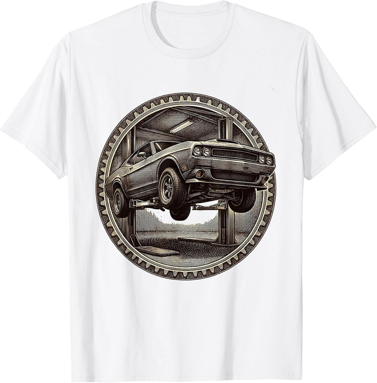Men's Valley Forge Automotive Raised Car Hydraulic Lift T-Shirt - White