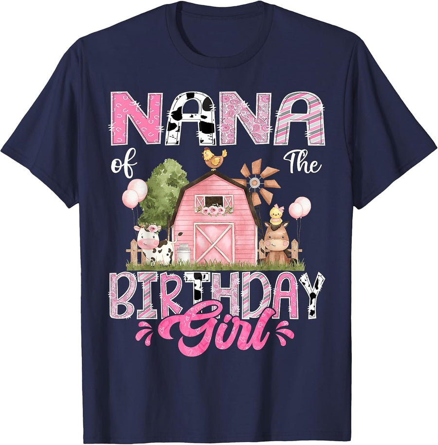 Nana of The Birthday Girl 1St Birthday Pink Cow Farm T-Shirt - Navy Blue