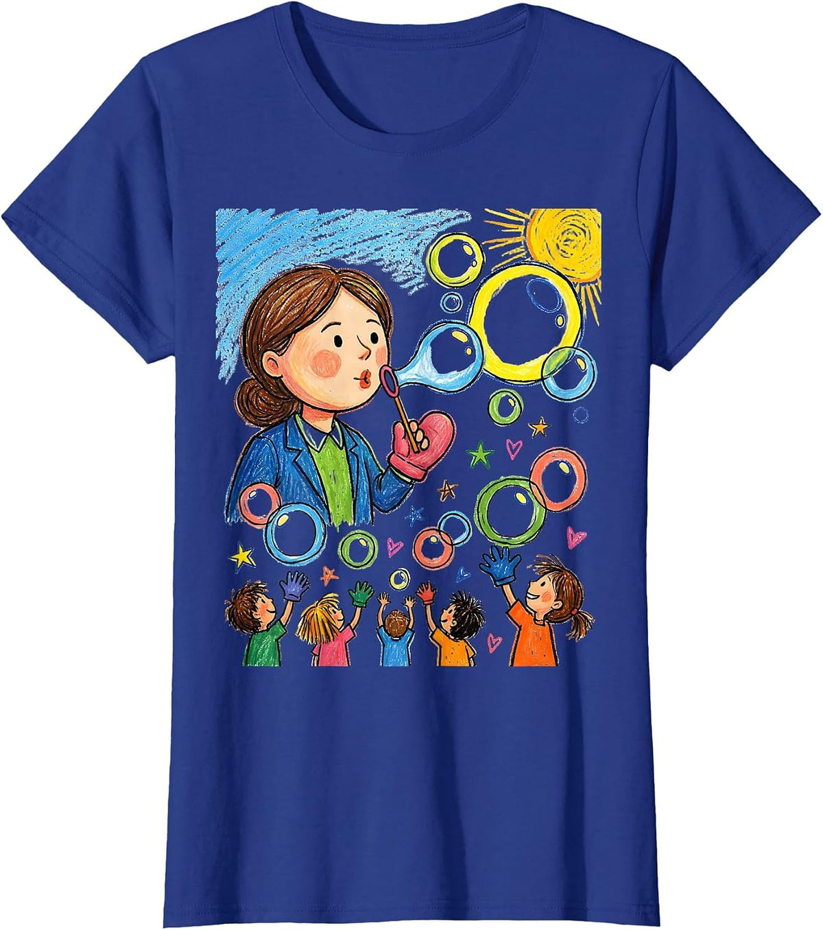 Women's Preschool Teacher Bubble Blowing Graphic T-Shirt - Royal Blue