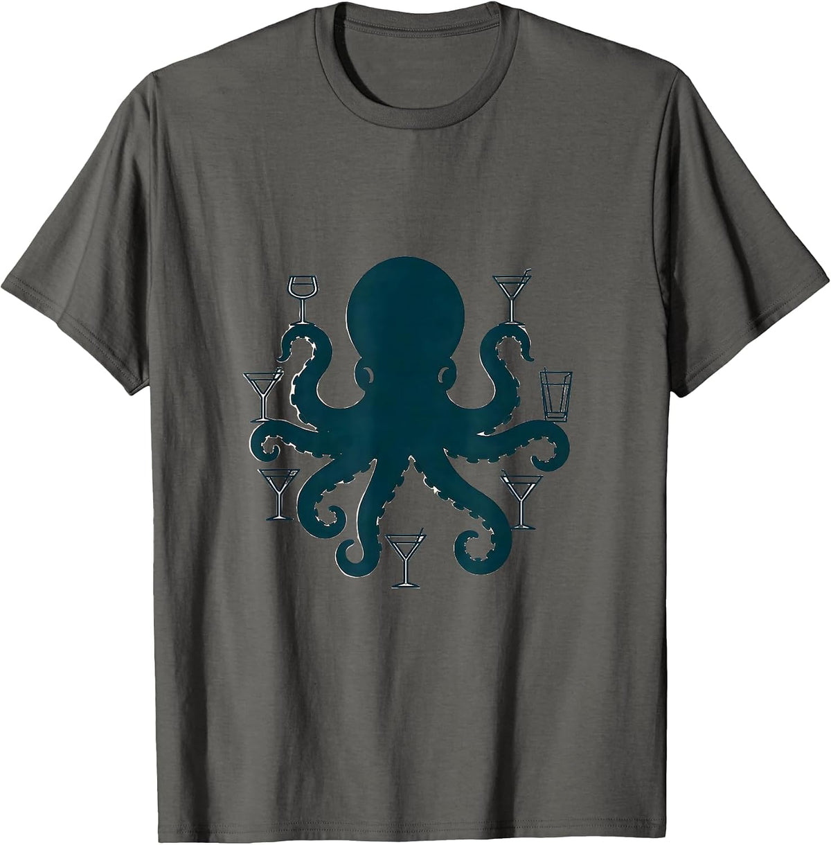 Men's Octopus Bartender Juggling Cocktail Glasses T-Shirt - Asphalt Grey