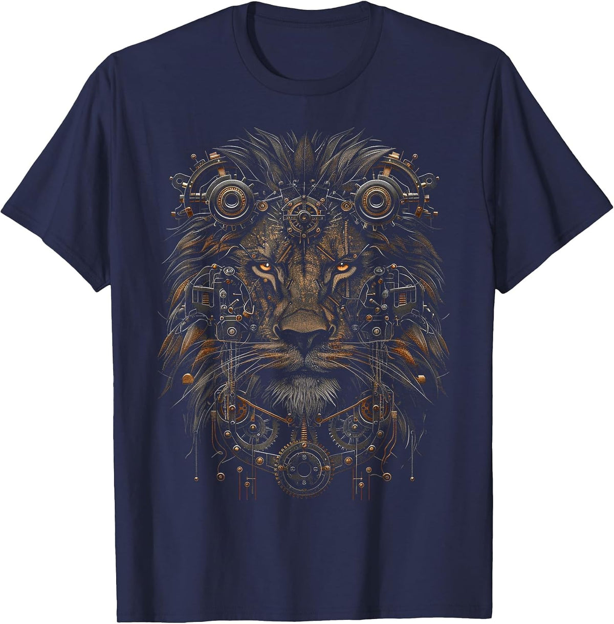 Steampunk Lion Bronze and Black Artwork Graphic T-Shirt - Navy Blue