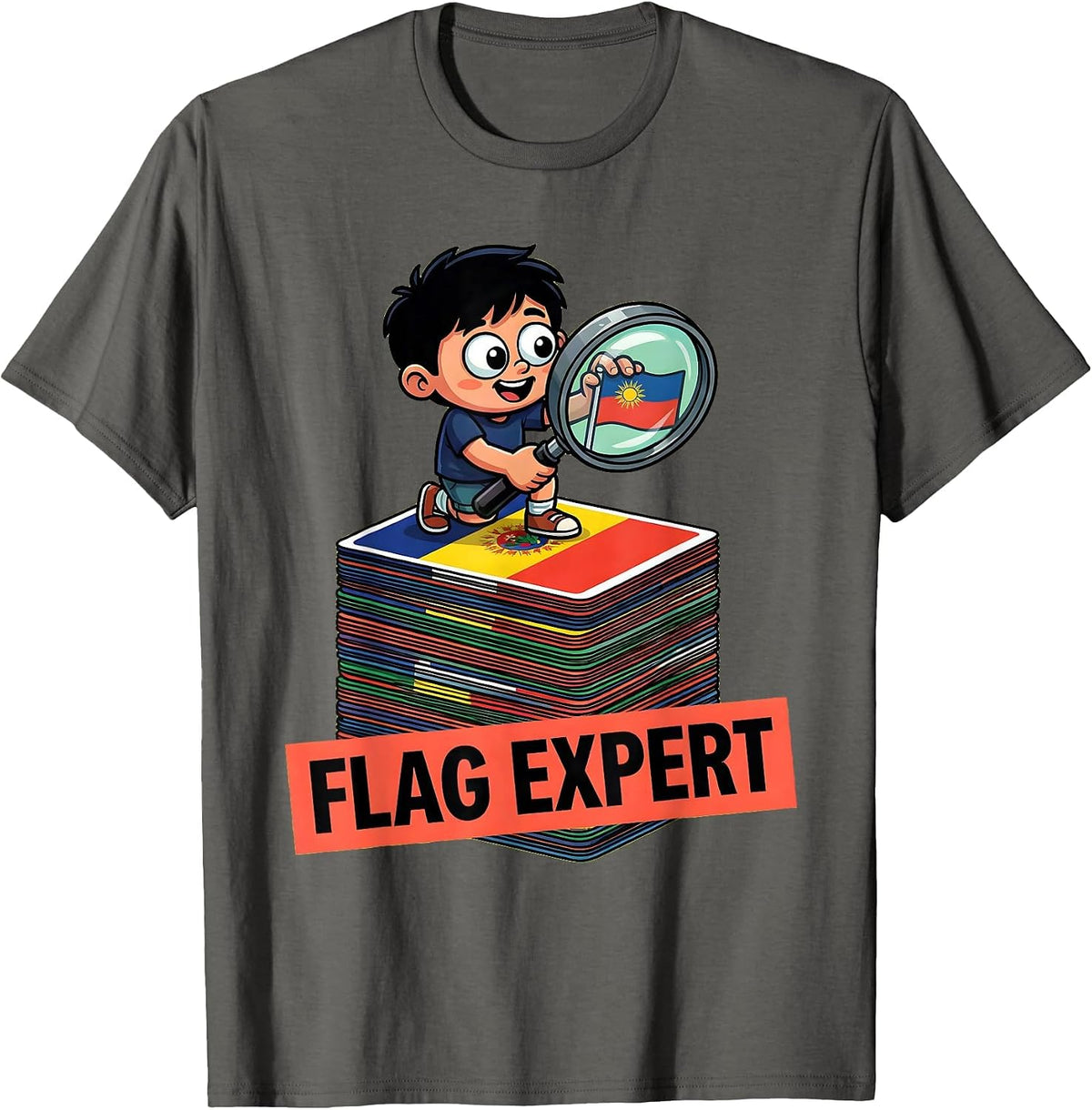 Flag Expert Cute World Travel Geography Lover T-Shirt - Asphalt Grey