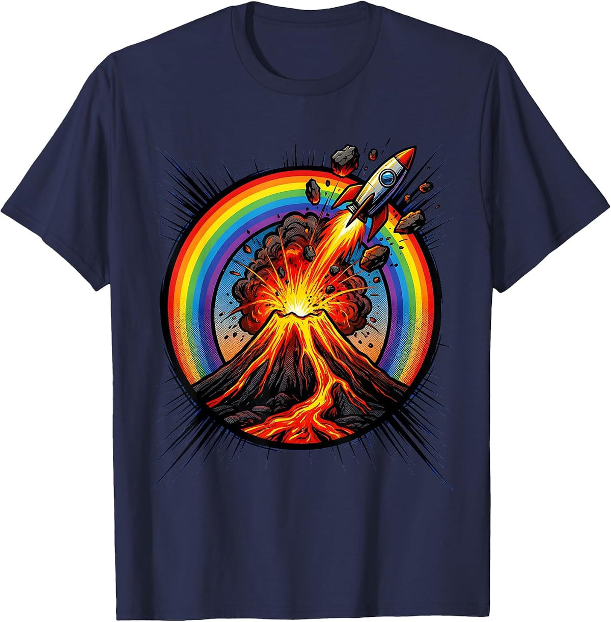Volcano Eruption Rainbow Nature Graphic T-Shirt - Navy Blue