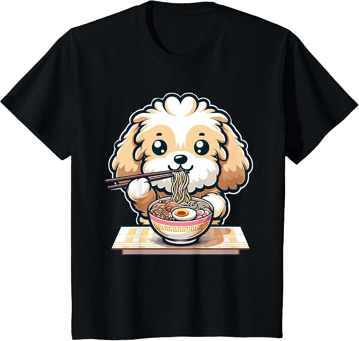 Cute Kawaii Cockapoo Eating Ramen Noodles Food Dog Lovers T-Shirt - Black