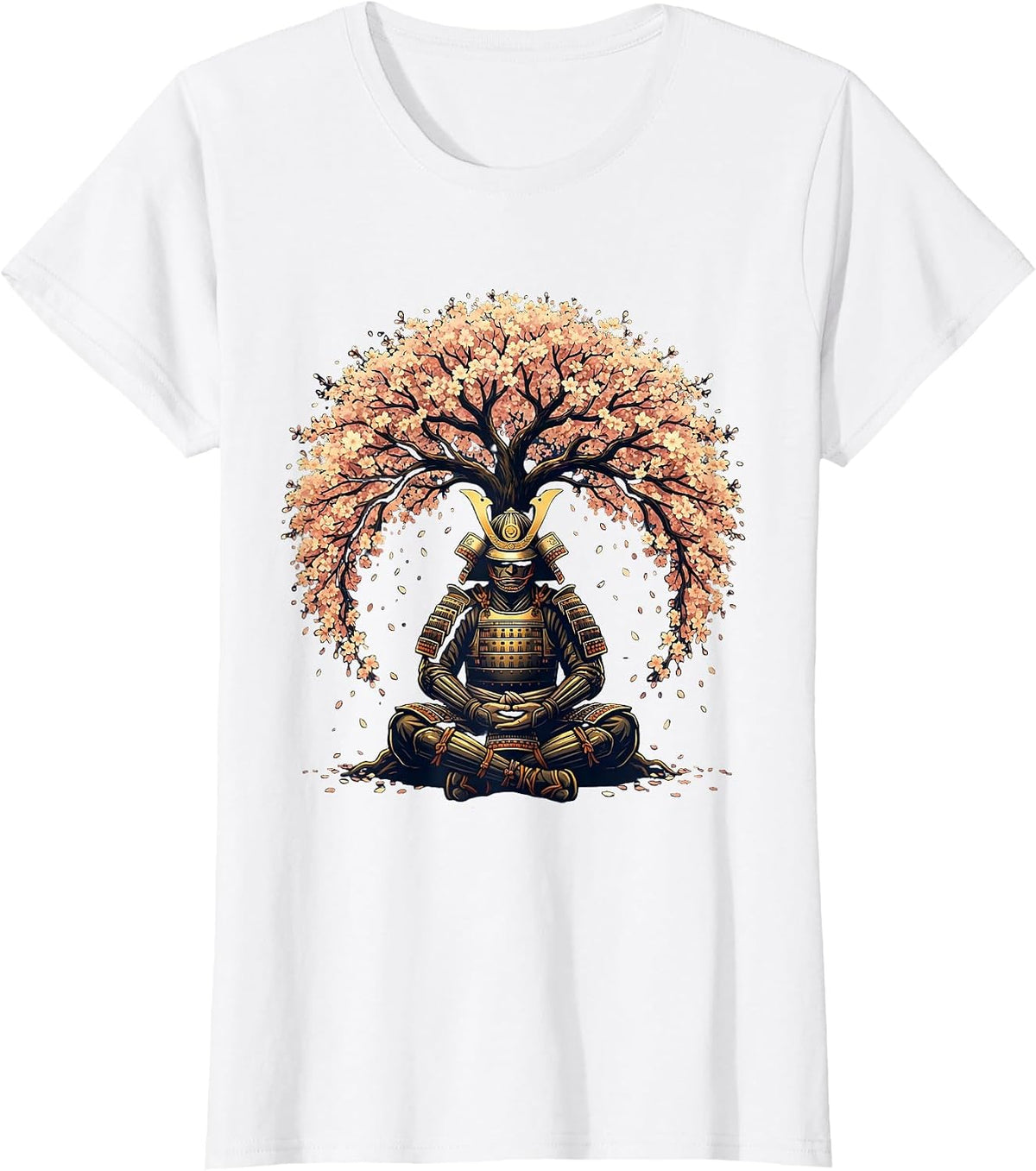 Samurai Meditation Cherry Blossom Graphic T-Shirt - White