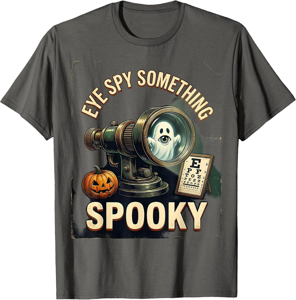 Men's Eye Spy Something Spooky Vintage Halloween Optometrist Eye T-Shirt - Asphalt Grey