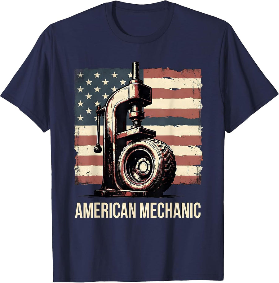 American Mechanic Patriotic Flag Mechanic Gift for Tradesmen T-Shirt - Navy Blue
