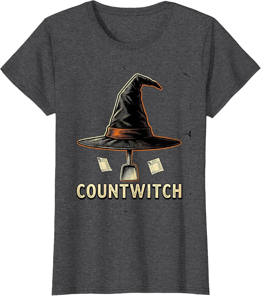 Women's Countwitch Vintage Pharmacy Halloween Pharmacist Tech Crew T-Shirt - Dark Heather Grey