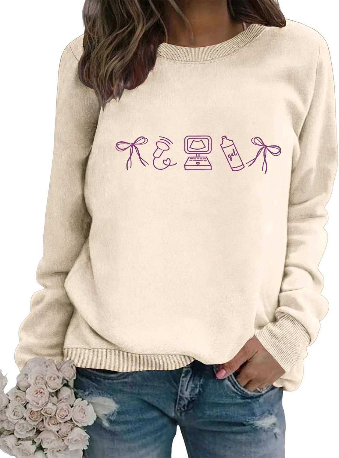 Women's Sonographer Ultrasound Tech Sweatshirt Cute Bow Graphic Pullover Crew Neck Loose Long Sleeve Soft Tops - Beige