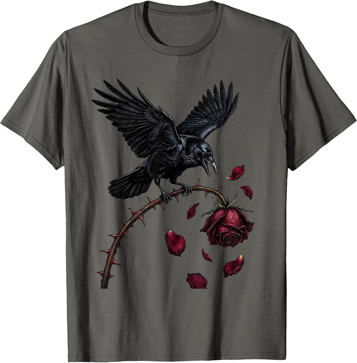 Emo Crow on Thorny Rose Stem Graphic T-Shirt - Asphalt Grey