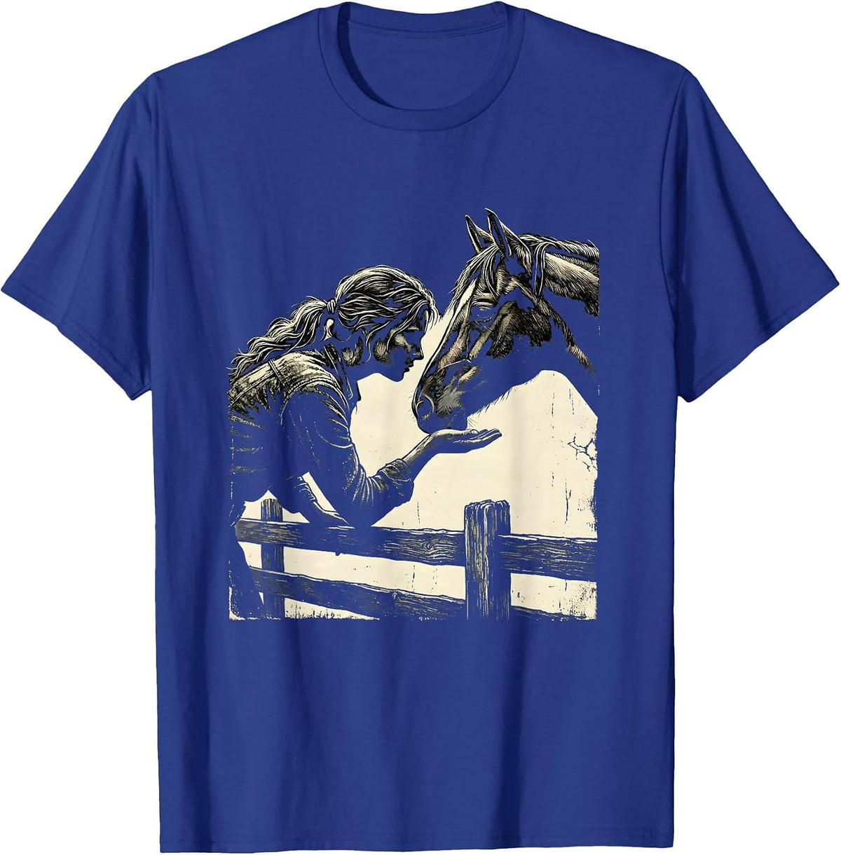 Horse Lover Apple Feeding Over Fence Illustration T-Shirt - Royal Blue