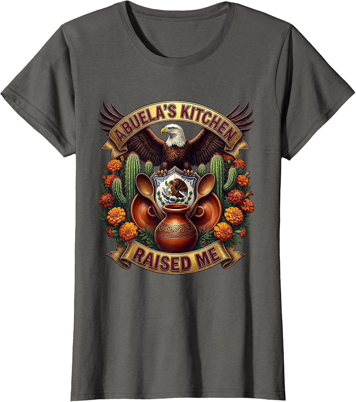Women's Abuela's Kitchen Raised Me Mexican Heritage Design T-Shirt - Asphalt Grey