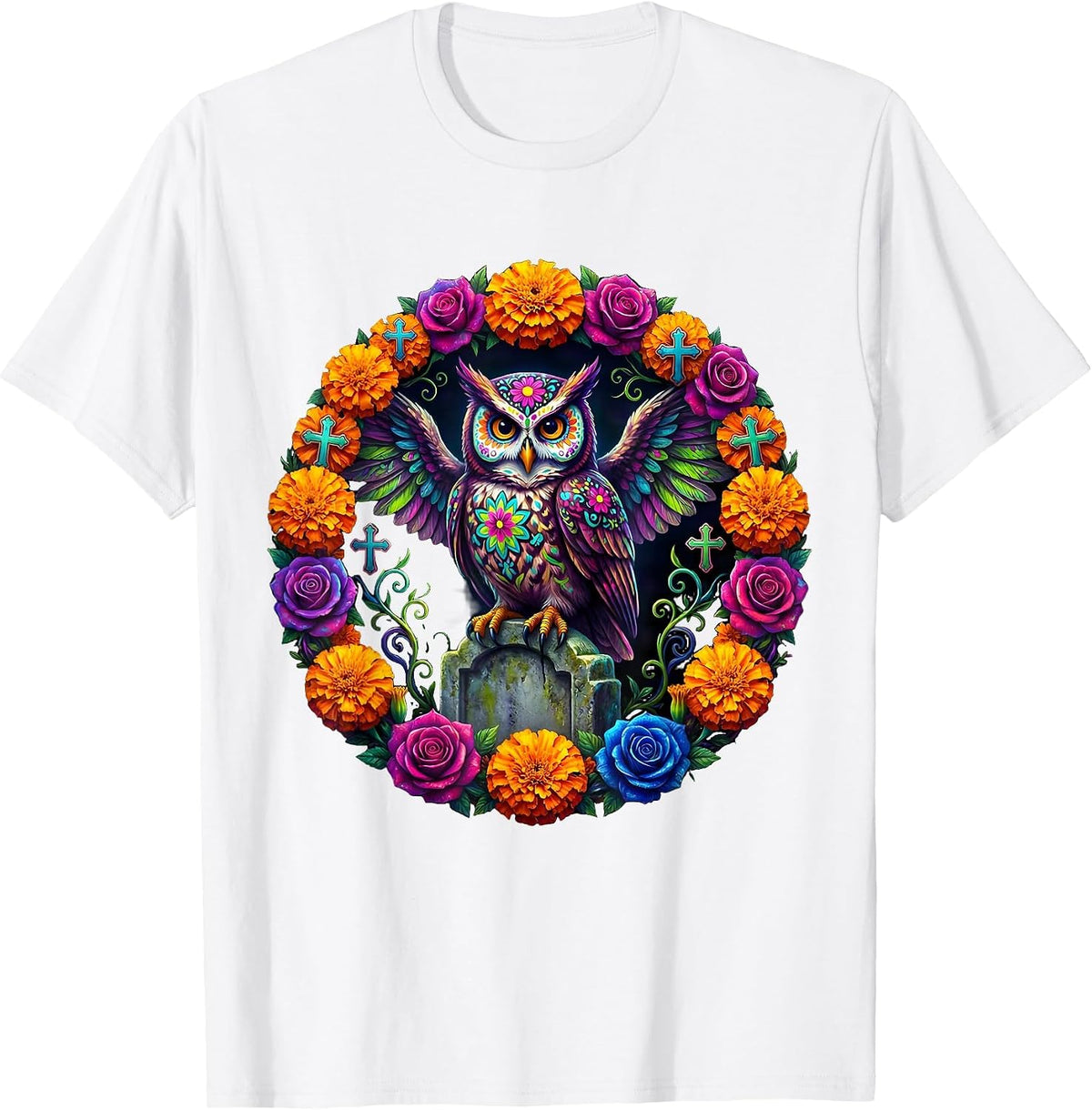 Men's Day of the Dead Owl on Gravestone Design T-Shirt - White